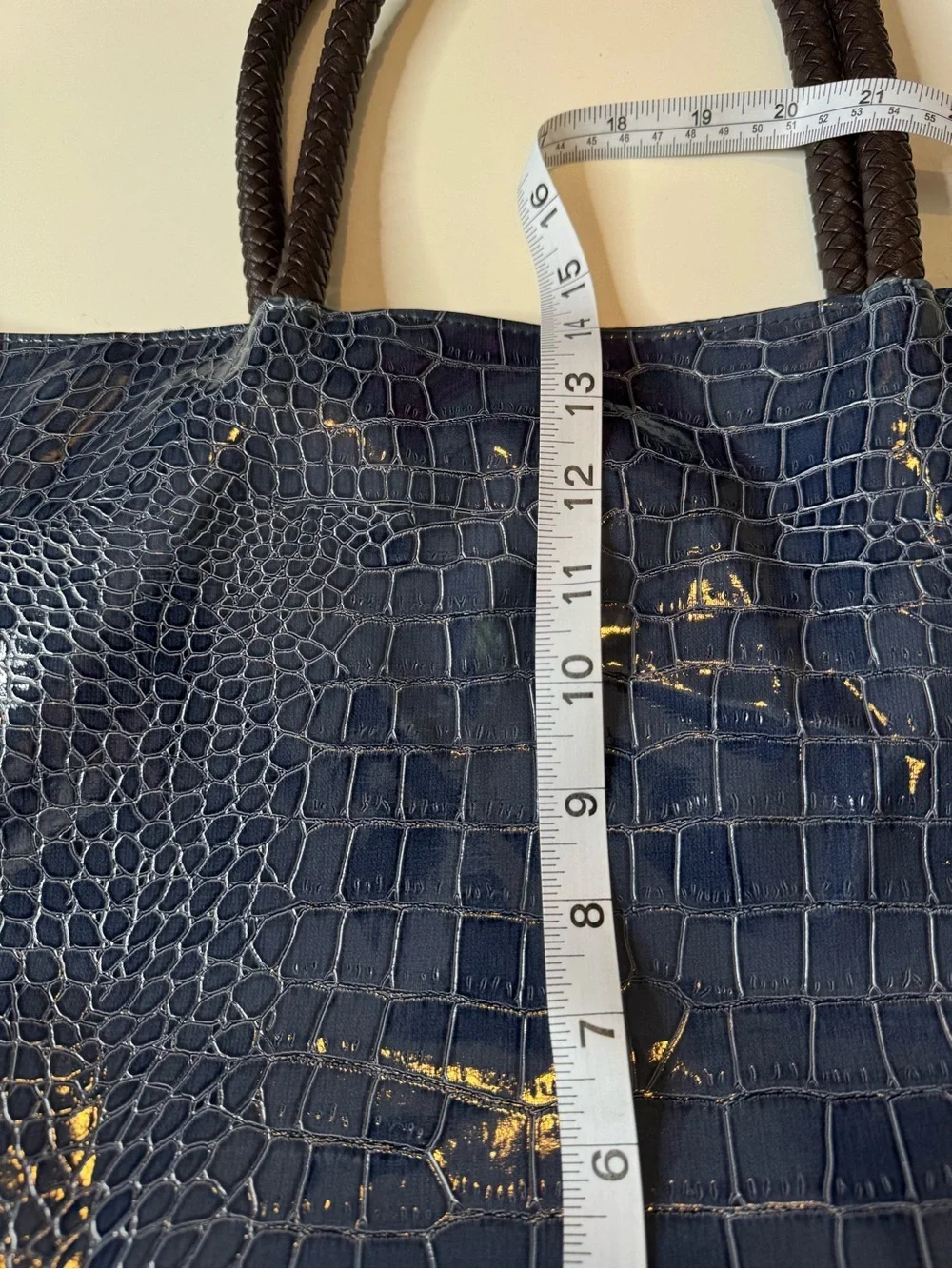 Neiman Marcus Blue Croc Embossed Patent Faux Leather Tote Shoulder Bag